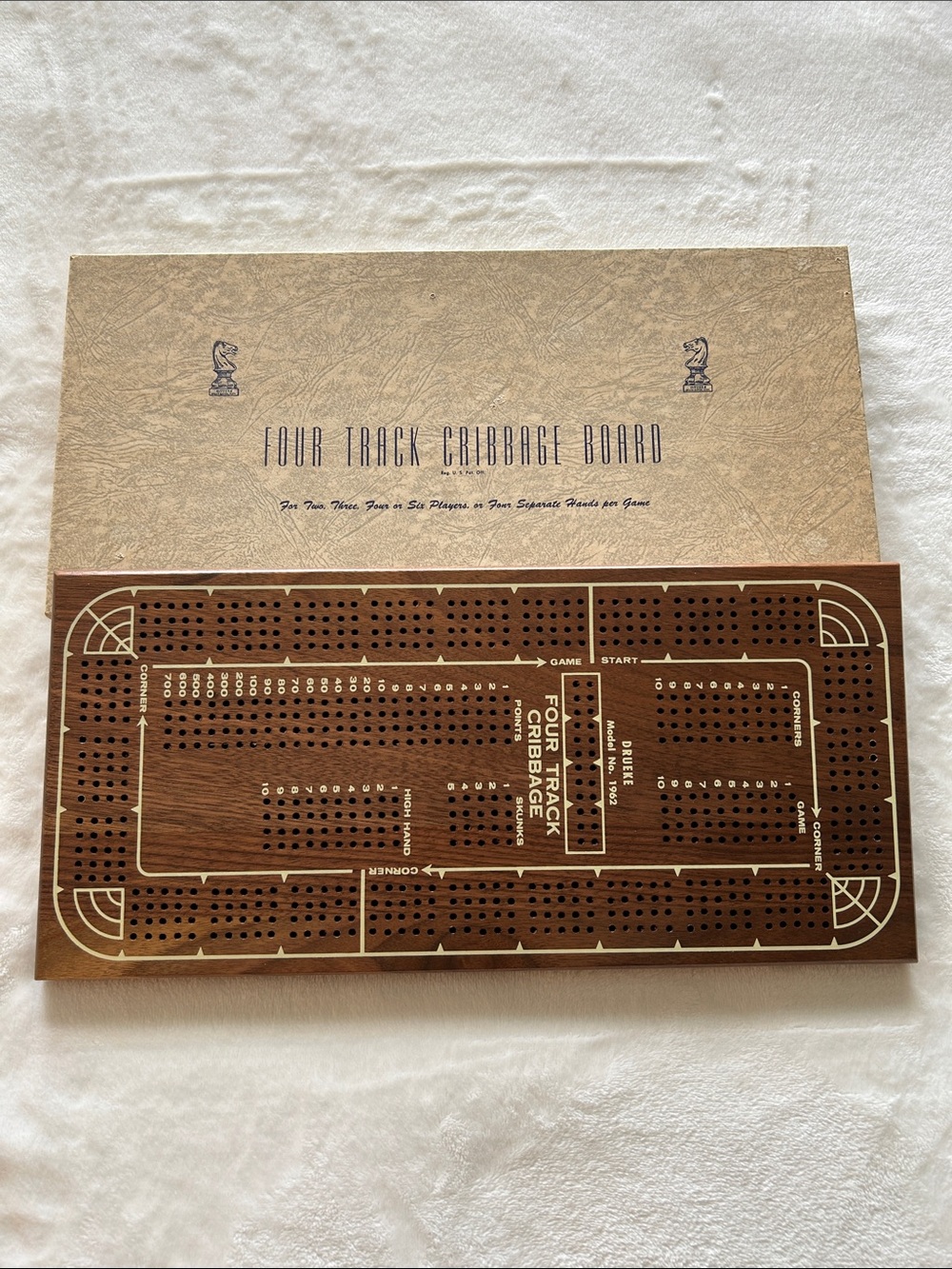 Vintage Drueke Model 1962 Four Track Wooden Cribbage Board Game w/ Box & Pegs